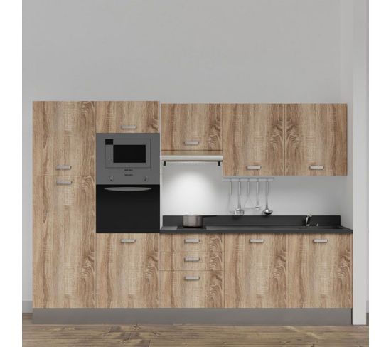 Kitchenette K46l - 300 Cm - Bois - Nero - Évier À Droite