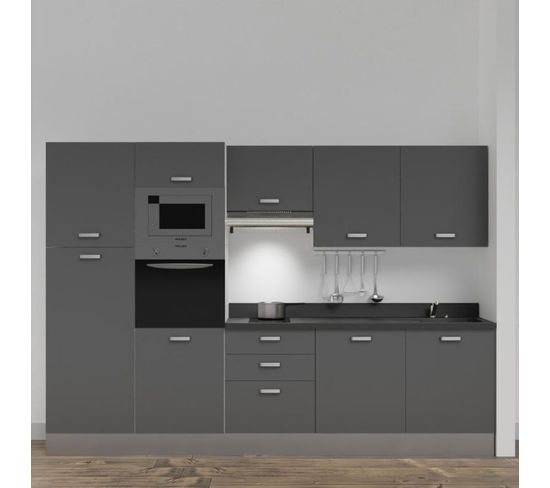 Kitchenette K46l - 300 Cm - Gris - Nero - Évier À Droite