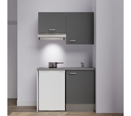 Kitchenette K01l-pt - 120 Cm Avec Plan De Travail Et Évier - Façade Gris Plan Gris Evier Gris