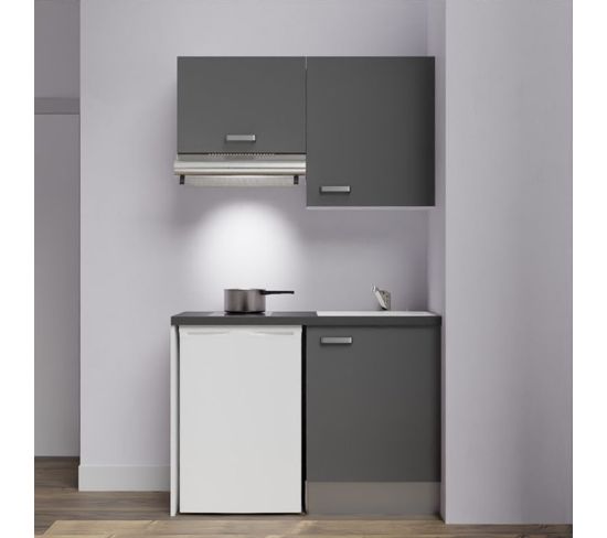 Kitchenette K01l-pt - 120 Cm Avec Plan De Travail Et Évier - Façade Gris Plan Noir Evier Blanc