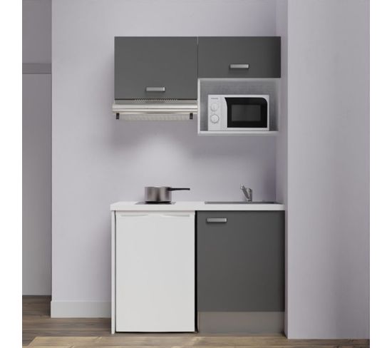 Kitchenette K02l-pt - 120 Cm Avec Plan De Travail Et Évier - Façade Gris Plan Blanc Evier Gris