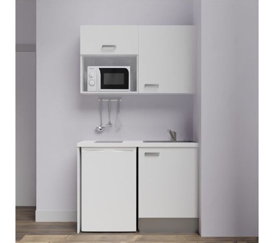 Kitchenette K07l-pt - 120 Cm Avec Plan De Travail Et Évier - Façade Blanc Plan Blanc Evier Gris