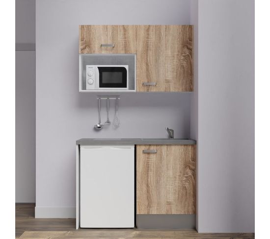 Kitchenette K07l-pt - 120 Cm Avec Plan De Travail Et Évier - Façade Bois Plan Gris Evier Gris