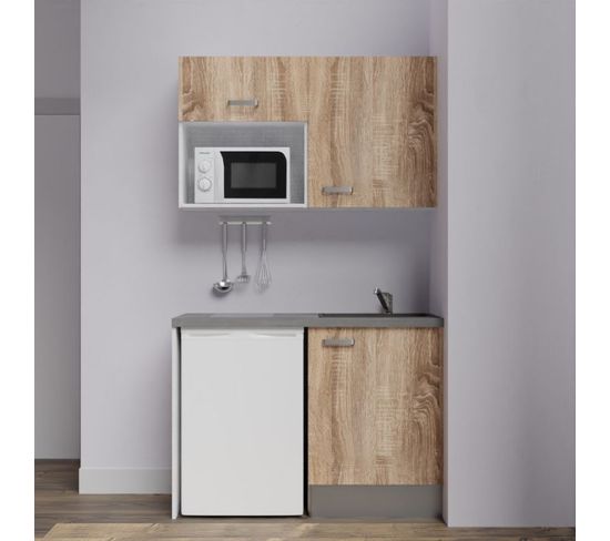 Kitchenette K07l-pt - 120 Cm Avec Plan De Travail Et Évier - Façade Bois Plan Gris Evier Noir