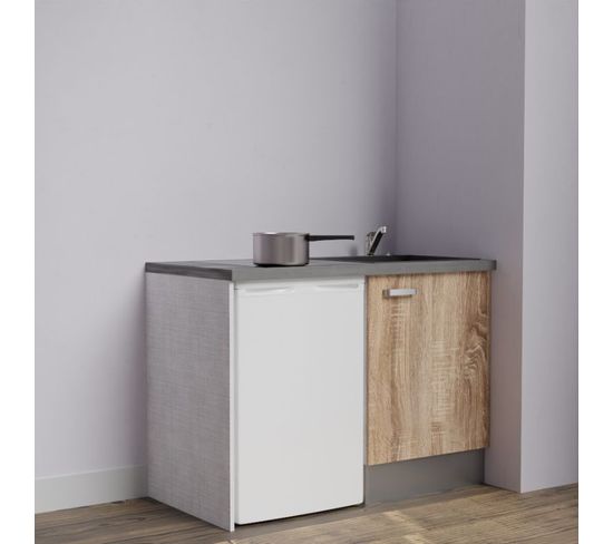 Kitchenette K08l-pt - 120 Cm Avec Plan De Travail Et Évier - Façade Bois Plan Gris Evier Noir