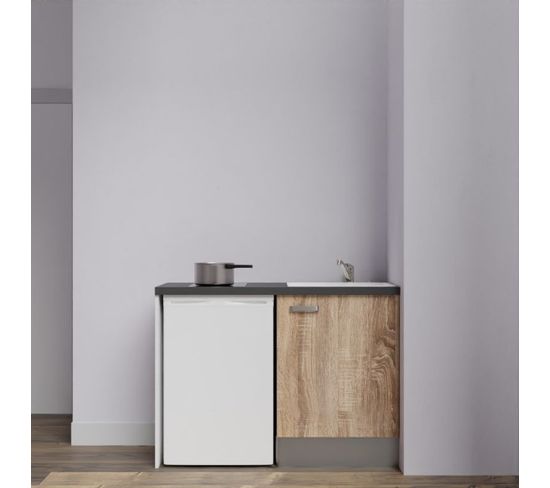 Kitchenette K08l-pt - 120 Cm Avec Plan De Travail Et Évier - Façade Bois Plan Noir Evier Blanc