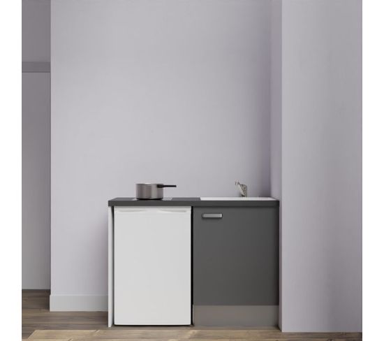 Kitchenette K08l-pt - 120 Cm Avec Plan De Travail Et Évier - Façade Gris Plan Noir Evier Blanc