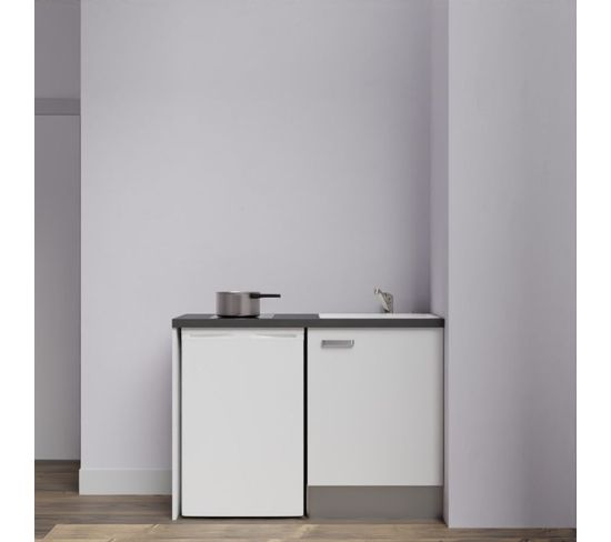 Kitchenette K08l-pt - 120 Cm Avec Plan De Travail Et Évier - Façade Blanc Plan Noir Evier Blanc