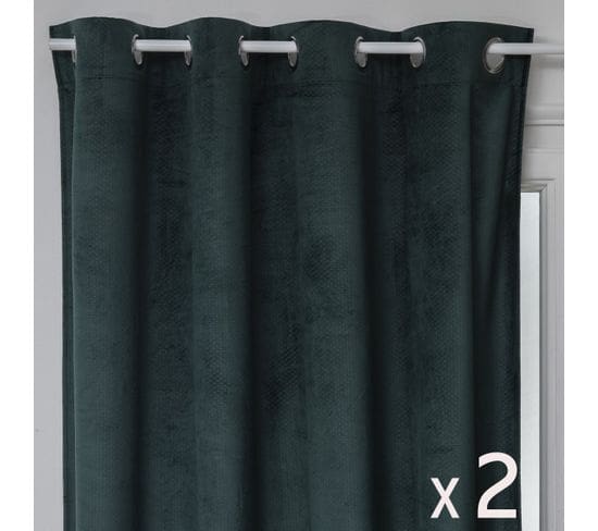 Lot De 2 Rideaux à  Oeillets Occultant En Velours Vert Cèdre Motif En Relief 140 X 260 Cm