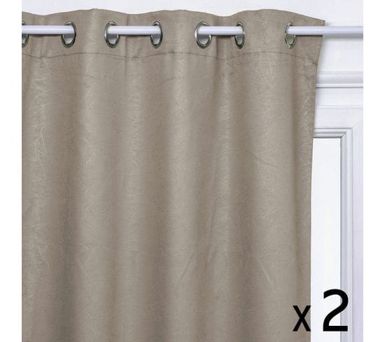 Lot De 2 Rideaux À  Œillets Occultant Beige Lin Feuille En Relief 140 X 260 Cm