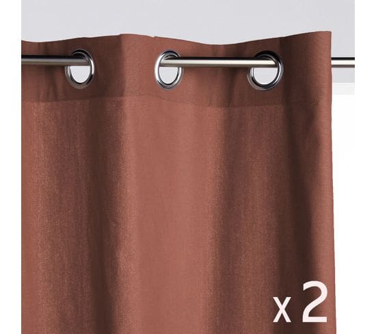 Lot De 2 Rideaux à  Oeillets Tissu Panama Terracotta 140 X 260 Cm