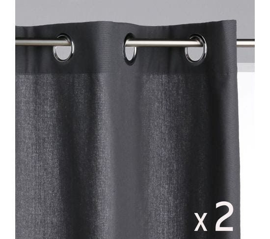 Lot De 2 Rideaux À  Œillets Tissu Panama Gris Foncé 140 X 260 Cm