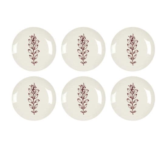 Assiette En Porcelaine Cottage 20 Cm (lot De 6) Blanc Et Bordeaux