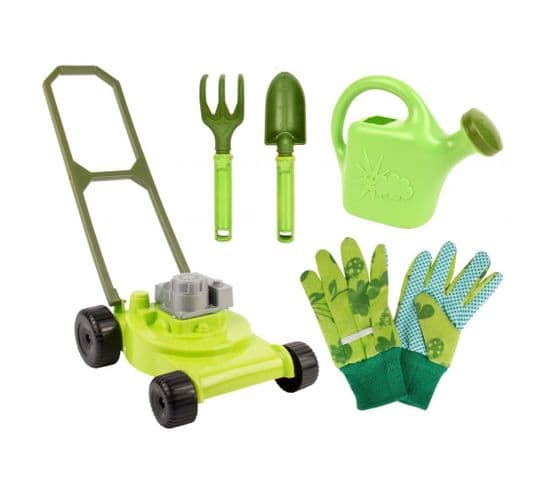 Kit Petit Jardinier Accessoires Pour Enfant En Plastique Gants + Petits Outils + Arrosoir + Tondeuse