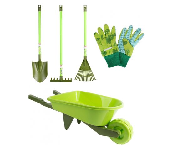 Kit Petit Jardinier Accessoires Pour Enfant En Plastique Grands Outils + Petits Outils + Brouette