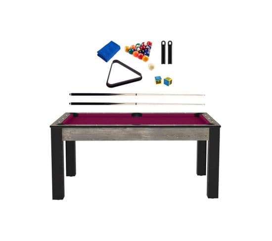 Billard Convertible Table 6 Personnes Texas + Pack Accessoires Confort Industriel Et Prune (tapis)