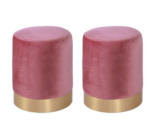 Pouf En Velours Et Métal Doré (lot De 2) Rose