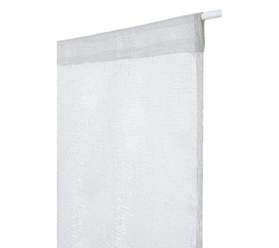 Vitrage 60 X 150 Cm Passe Tringle Fil Lurex Argenté Tissé Uni Blanc