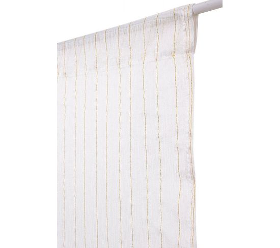 Paire De Vitrages 45 X 90 Cm Effet Lin Imprimé Fines Rayures Verticales Fil Lurex Doré Blancs