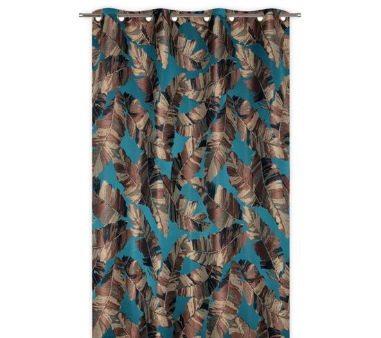 Rideau Tamisant 135 X 280 Cm à Oeillets Jacquard Motif Feuilles Bananier Satiné Bleu