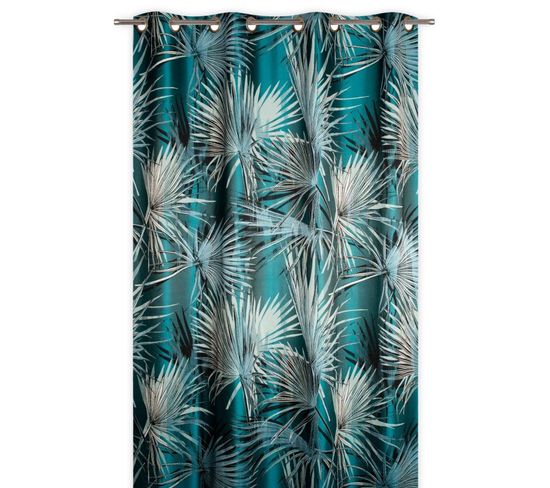 Rideau Tamisant 135 X 280 Cm à Oeillets Jacquard Editeur Motif Palmier Satiné Bleu