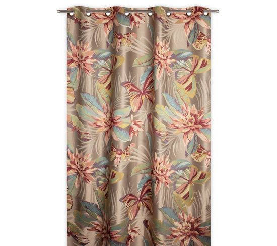 Rideau Tamisant 135 X 280 Cm Jacquard Editeur Motif Floral Papillons Rosés Satiné Naturel