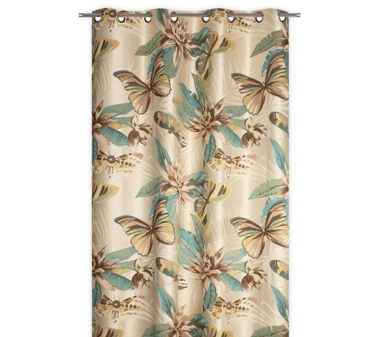 Rideau Tamisant 135 X 280 Cm Jacquard Editeur Motif Floral Papillons Bruns Satiné Fond Beige Nature