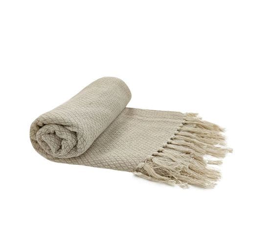 Fouta, Jeté De Lit, Plaid 100% Coton 120 X 150 Cm Avec Franges Jacquard Micromotif  Losanges Taupe