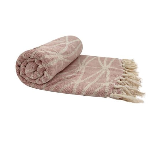 Fouta, Jeté De Lit, Plaid 100% Coton 120 X 150 Cm Avec Franges Jacquard Motif Géométrique Rose