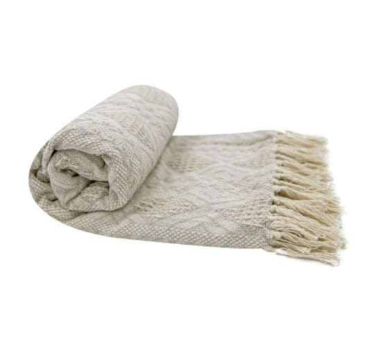 Fouta, Jeté De Lit, Plaid 100% Coton 120 X 150 Cm Franges Jacquard Motif Géométrique Chevrons Taupe