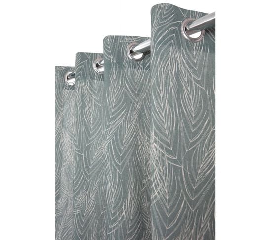 Rideau Tamisant 140 X 240 Cm à Oeillets Polycoton Recyclé Imprimé Motif Feuillage Gris Vert