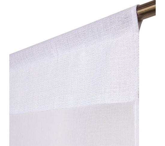 Paire De Vitrages 60 X 180 Cm Passe Tringle Bande Fil Lurex Argenté Blanc