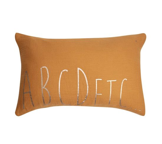 Housse De Coussin 100% Gaze De Coton 30 X 50 Cm Lettres Imprimés Jaune Moutarde Doré