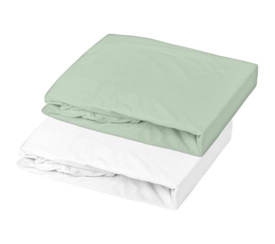 Lot 2 Draps Housse - 70 X 140 Cm - Jersey - Blanc Et Vert De Gris