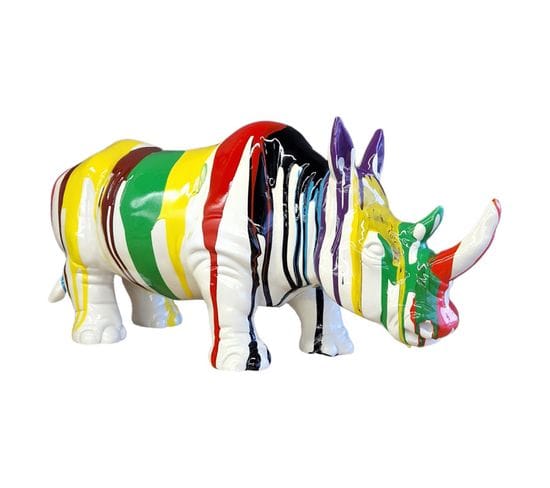 Statue Rhinocéros Avec Coulures Multicolores H24 Cm - Rhino Drips 02