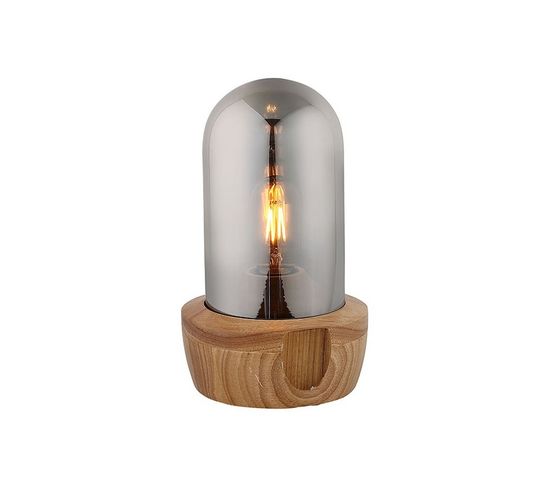 Lampe À Poser En Verre Teinté Gris Et Socle Bois - Giro