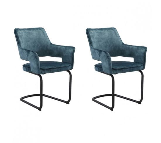 Lot De 2 Chaises Tissu Bleu Et Piétement Métal Noir - Rio