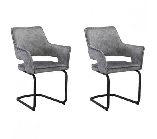 Lot De 2 Chaises Tissu Gris Clair Et Piétement En Métal Noir - Rio