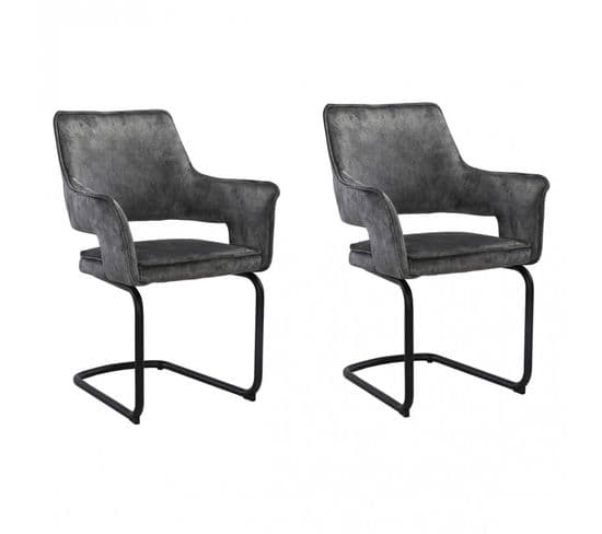 Lot De 2 Chaises Tissu Gris Foncé Et Piétement En Métal Noir - Rio