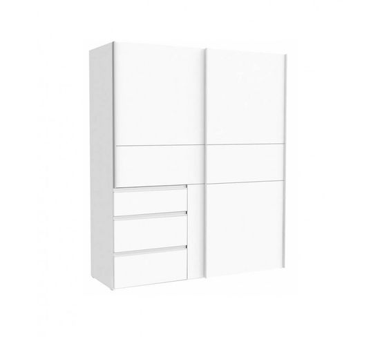 Armoire 170 Cm 2 Portes Coulissantes 3 Tiroirs Décor Blanc - Thor