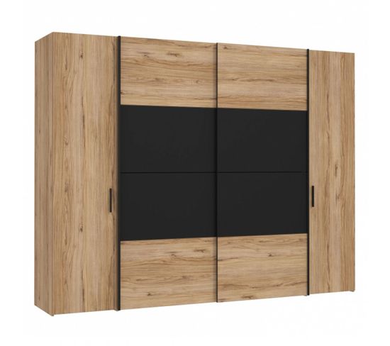 Armoire 270 Cm 4 Portes Décor Noir Et Bois De Chêne - Kamila