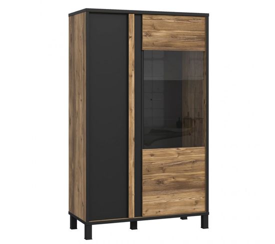 Vitrine 159 Cm 2 Portes Décor Bois Et Noir Et Pieds Métal Noir - Celia