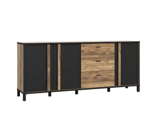 Buffet 200 Cm 3 Portes 3 Tiroirs Décor Bois Et Noir Mat - Celia