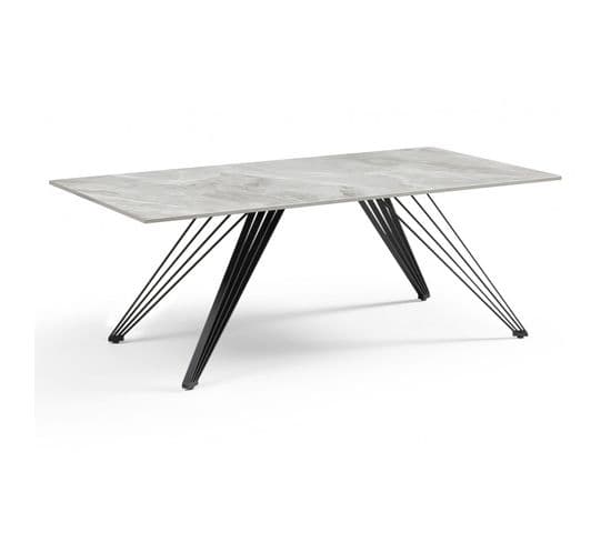 Table Basse 120x60 Cm Céramique Gris Marbré Laqué Pieds Filaires - Dakota 01