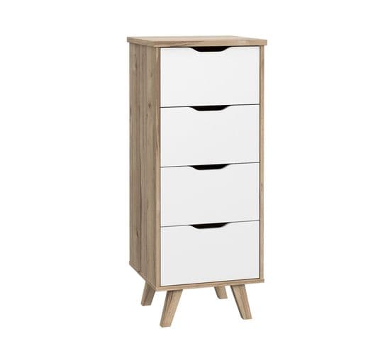 Chiffonnier 4 Tiroirs Décor Chêne Et Blanc Pieds Bois Massif - Albane