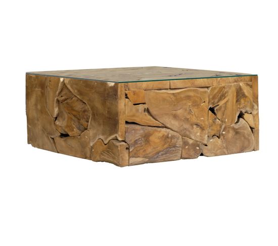 Table Basse Carrée L.100 Cm Bois De Teck Plateau Verre Trempé - Tekku