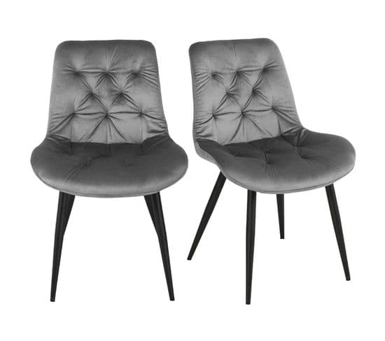 Lot De 2 Chaises Capitonnées Velours Gris Et Pieds Métal Noir - Stan