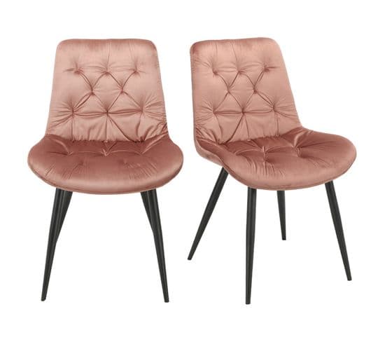 Lot De 2 Chaises Capitonnées Velours Rose Et Pieds Métal Noir - Stan