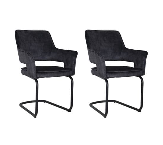 Lot De 2 Chaises En Velours Gris Anthracite Pied Luge Métal Noir - Rio