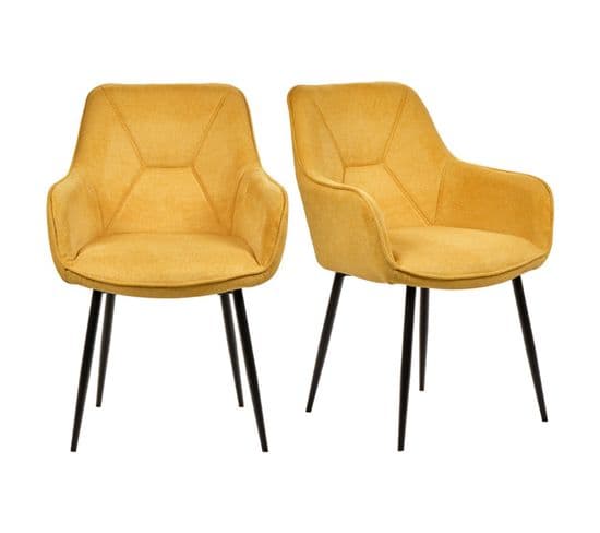 Lot De 2 Chaises Avec Accoudoirs Tissu Jaune Et Pieds Métal - Theo